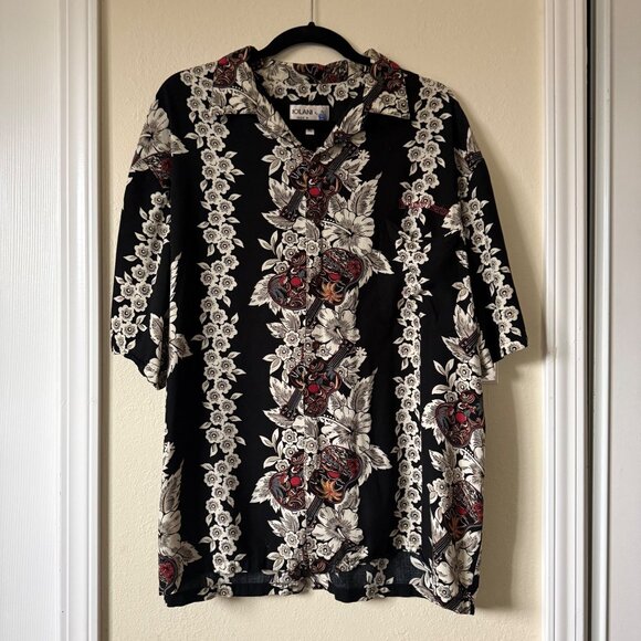 Iolani Made In Hawaii Floral Hawaiian Button-Up Shirt Black & White Sz XL *Notes - Picture 1 of 8